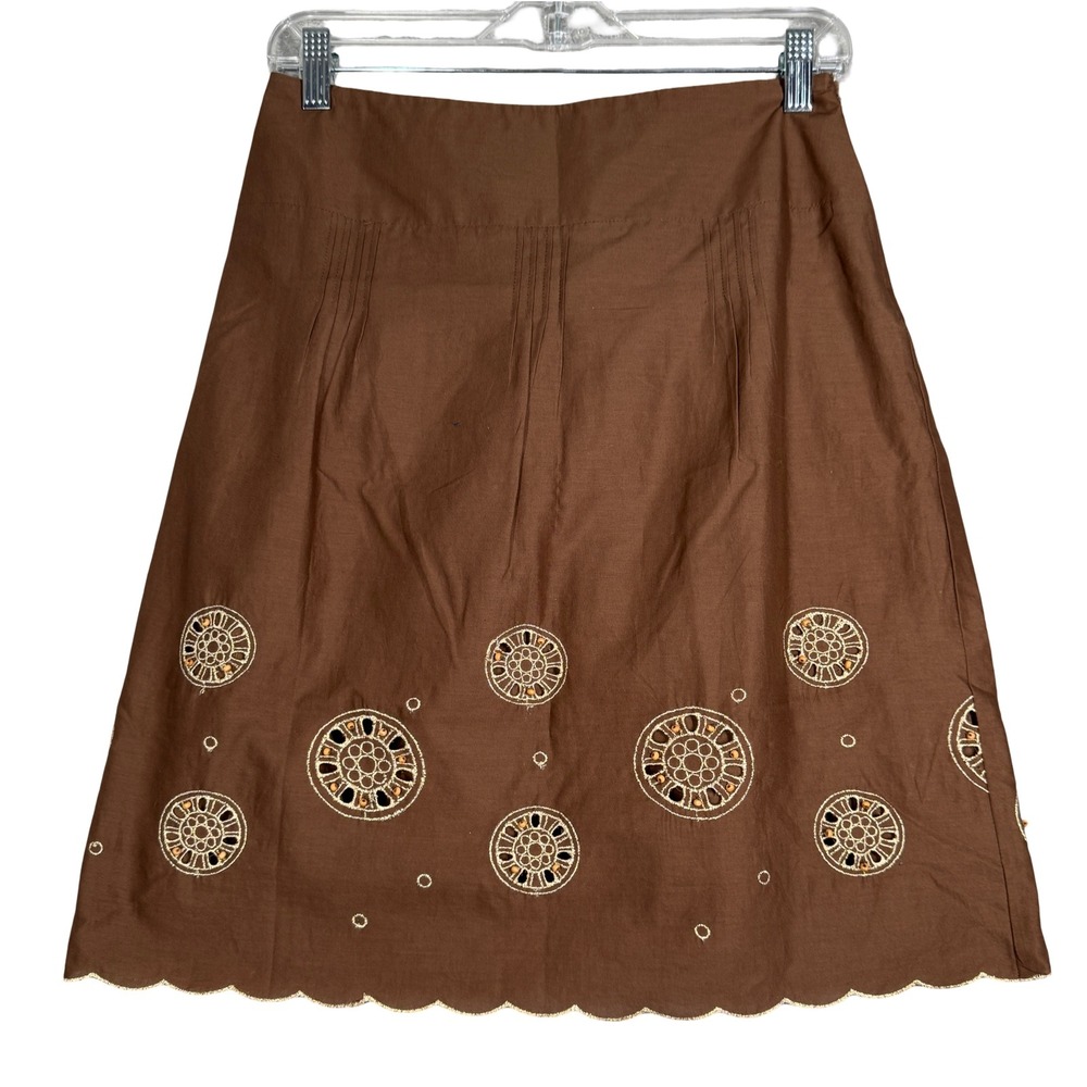 Ann Taylor Loft Skirt Womens 0P Brown Cotton‎ Embroidered Boho Y2K Retro